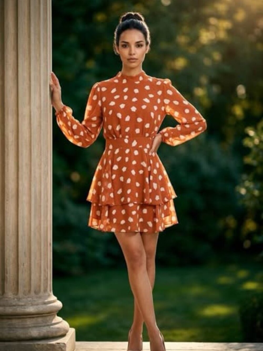 Women's Rust Polka Dot Tiered Ruffle Mini Dress